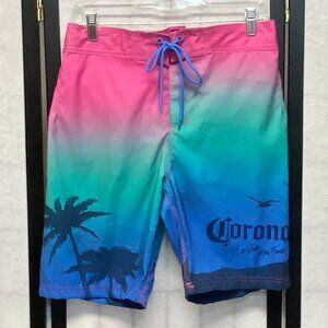 Corona Beer Swim Trunks Board Short 20" Velcro Closure Sunset on Palm Trees NWT